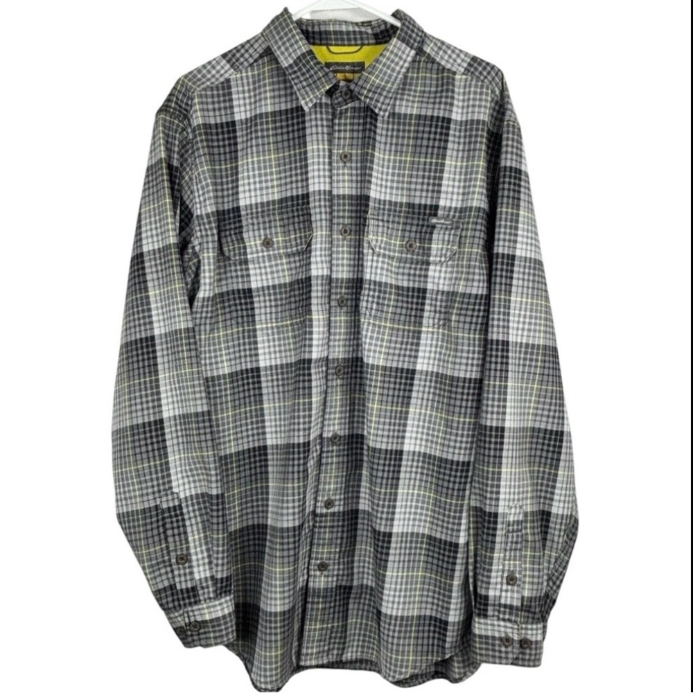 Eddie Bauer Grey & Yellow Check Plaid Long Sleeve 2 Pocket Flannel Shirt Tall L